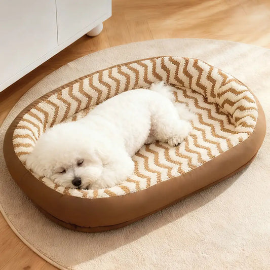 Washable Dog Bed with Geometric Wave Pattern - Warm Faux Leather