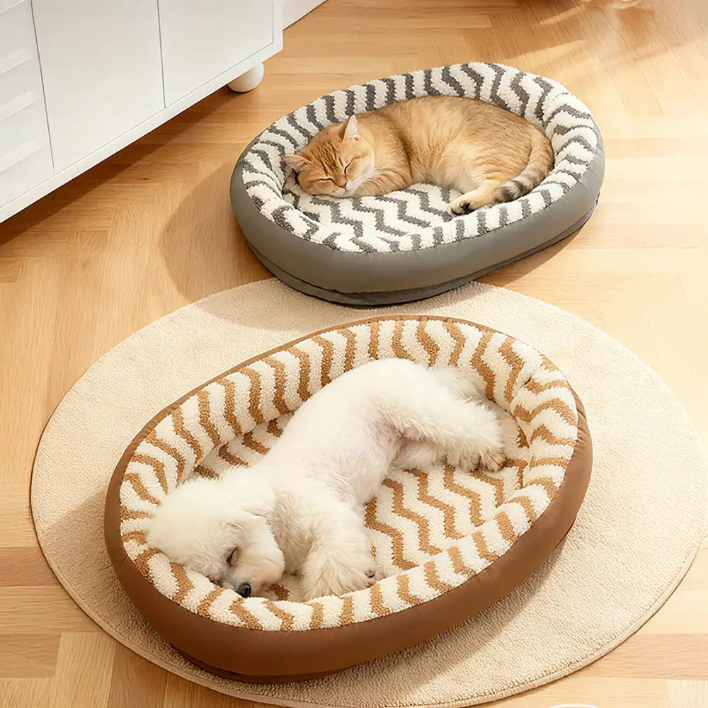 Washable Dog Bed with Geometric Wave Pattern - Warm Faux Leather