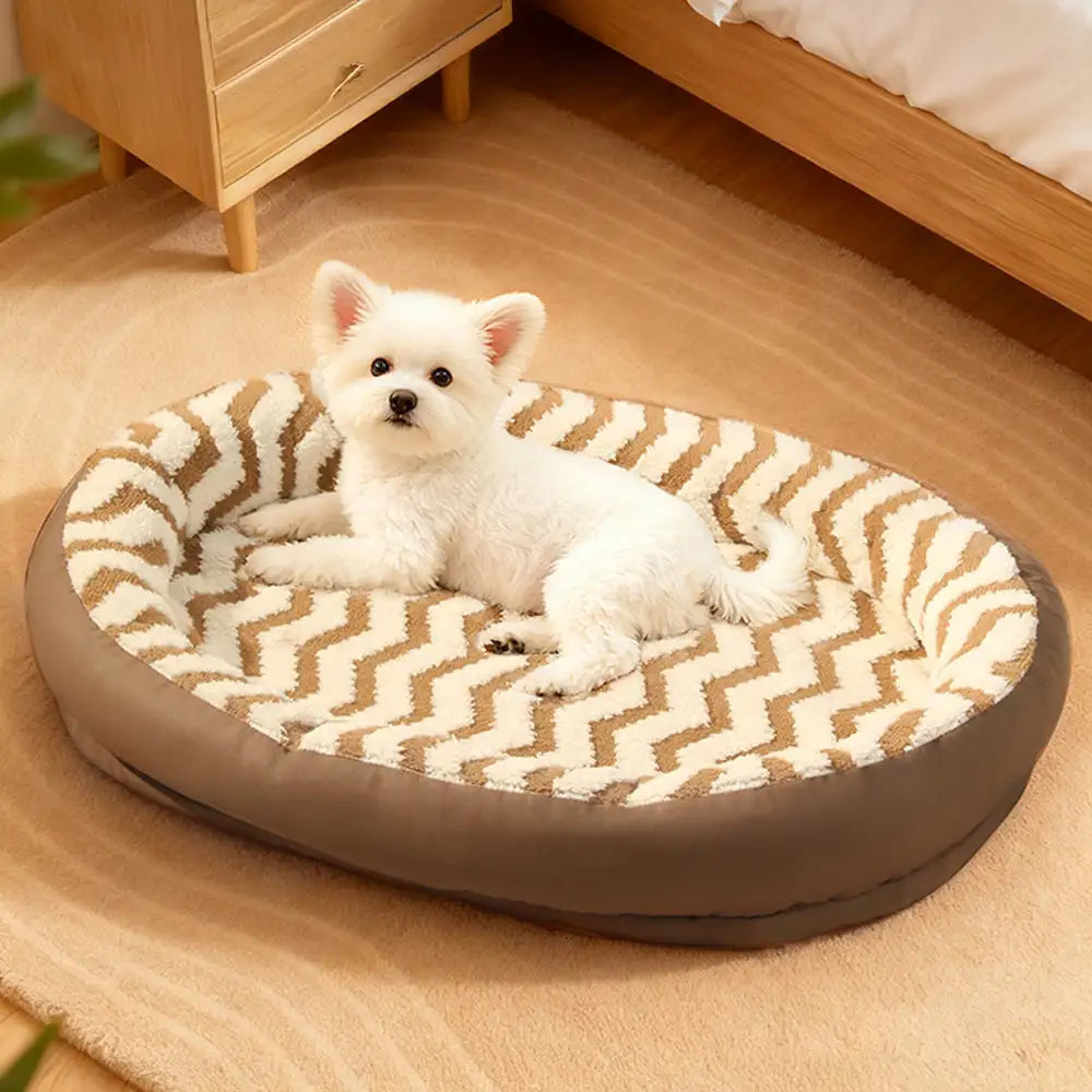Washable Dog Bed with Geometric Wave Pattern - Warm Faux Leather