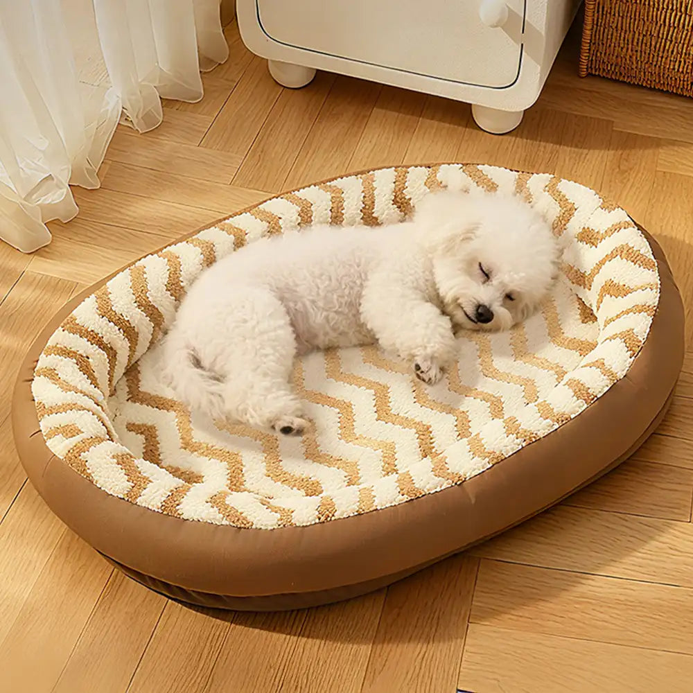 Washable Dog Bed with Geometric Wave Pattern - Warm Faux Leather