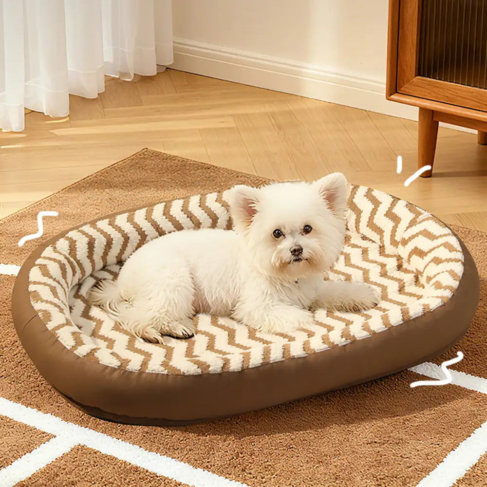 Washable Dog Bed with Geometric Wave Pattern - Warm Faux Leather