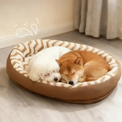 Washable Dog Bed with Geometric Wave Pattern - Warm Faux Leather