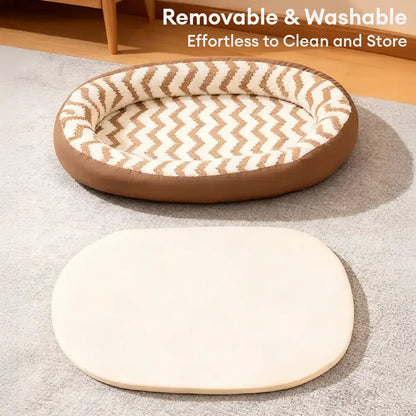 Washable Dog Bed with Geometric Wave Pattern - Warm Faux Leather