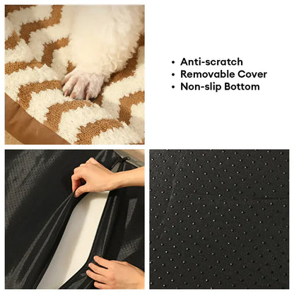 Washable Dog Bed with Geometric Wave Pattern - Warm Faux Leather