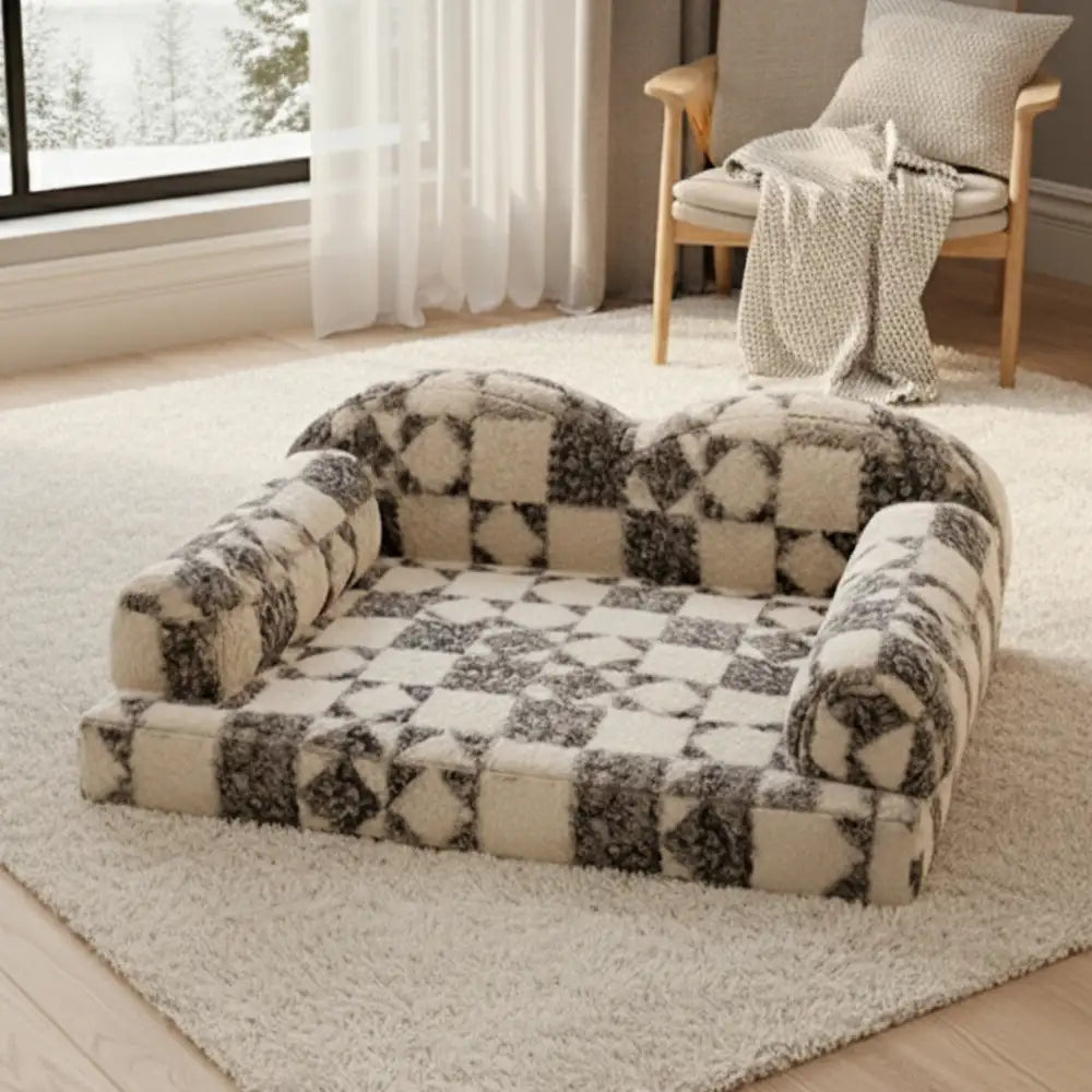 Washable Plush Dog Bed with Geometric Pattern - Thermal & Removable