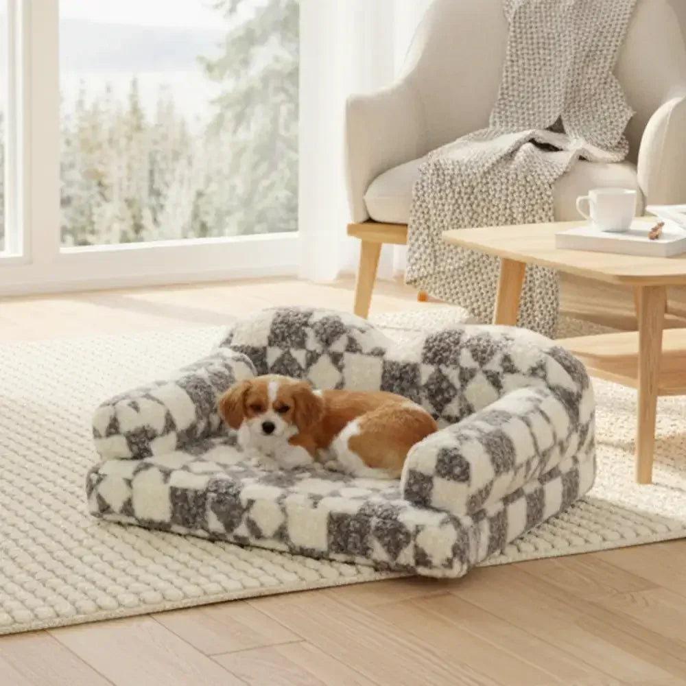 Washable Plush Dog Bed with Geometric Pattern - Thermal & Removable