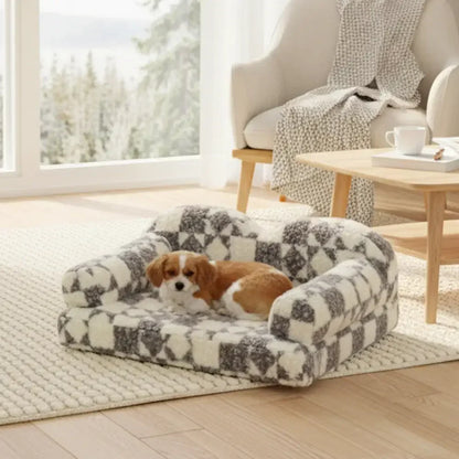 Washable Plush Dog Bed with Geometric Pattern - Thermal & Removable