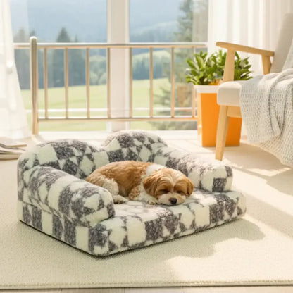Washable Plush Dog Bed with Geometric Pattern - Thermal & Removable