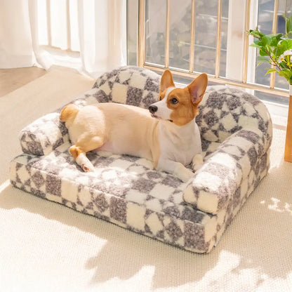 Washable Plush Dog Bed with Geometric Pattern - Thermal & Removable