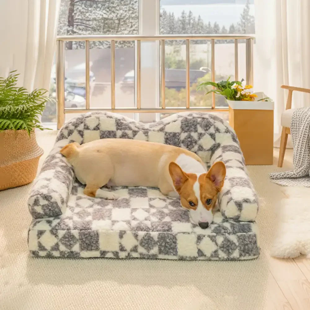 Washable Plush Dog Bed with Geometric Pattern - Thermal & Removable