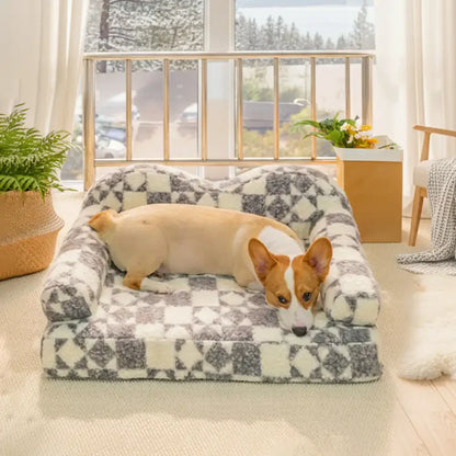 Washable Plush Dog Bed with Geometric Pattern - Thermal & Removable