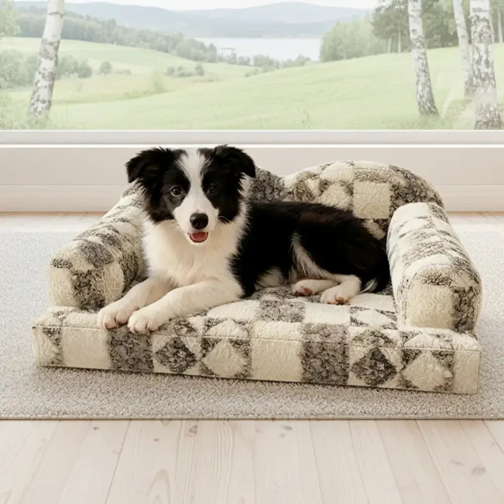 Washable Plush Dog Bed with Geometric Pattern - Thermal & Removable
