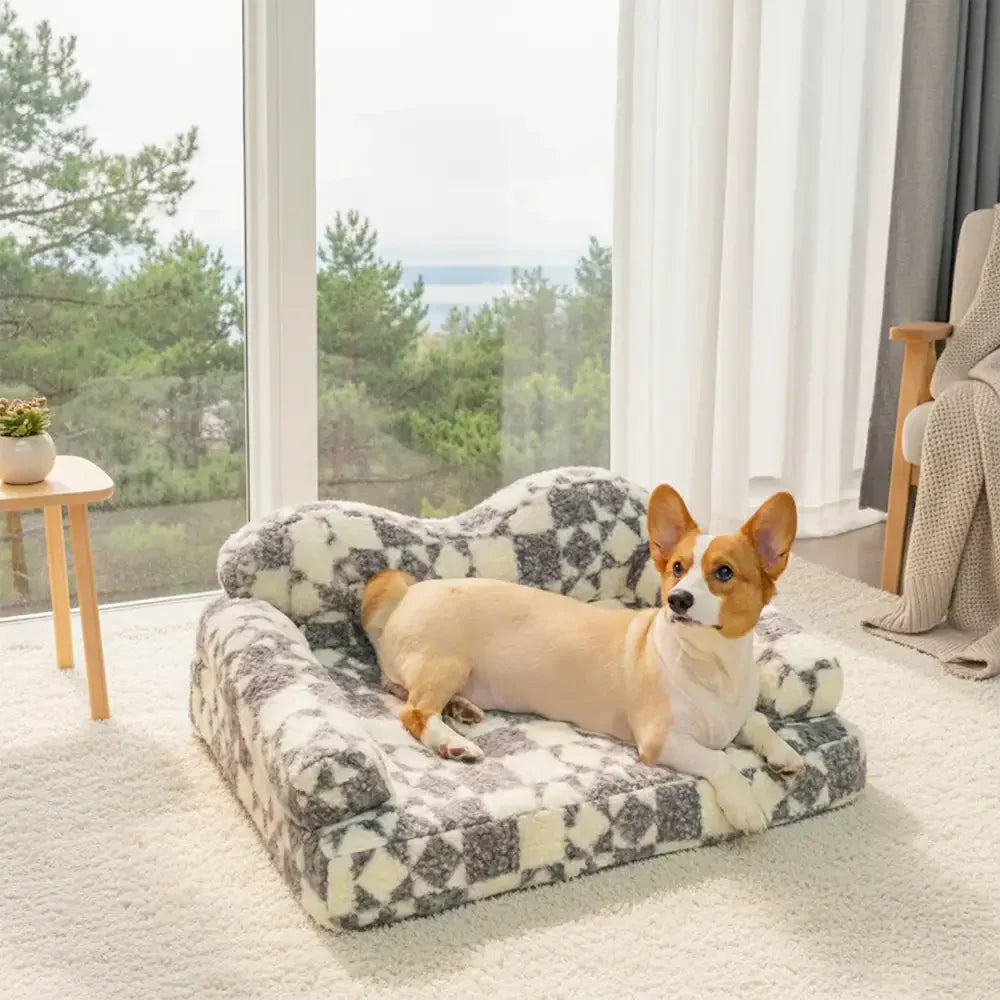 Washable Plush Dog Bed with Geometric Pattern - Thermal & Removable