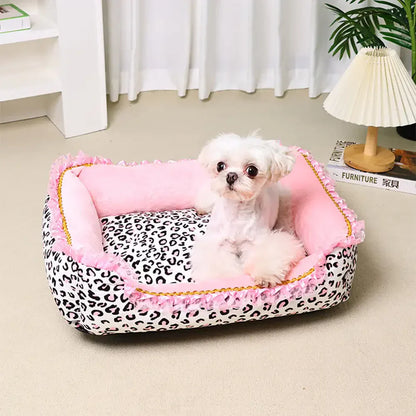 Washable Pink Leopard Print All-Season Pet Bed for Cats and Dogs