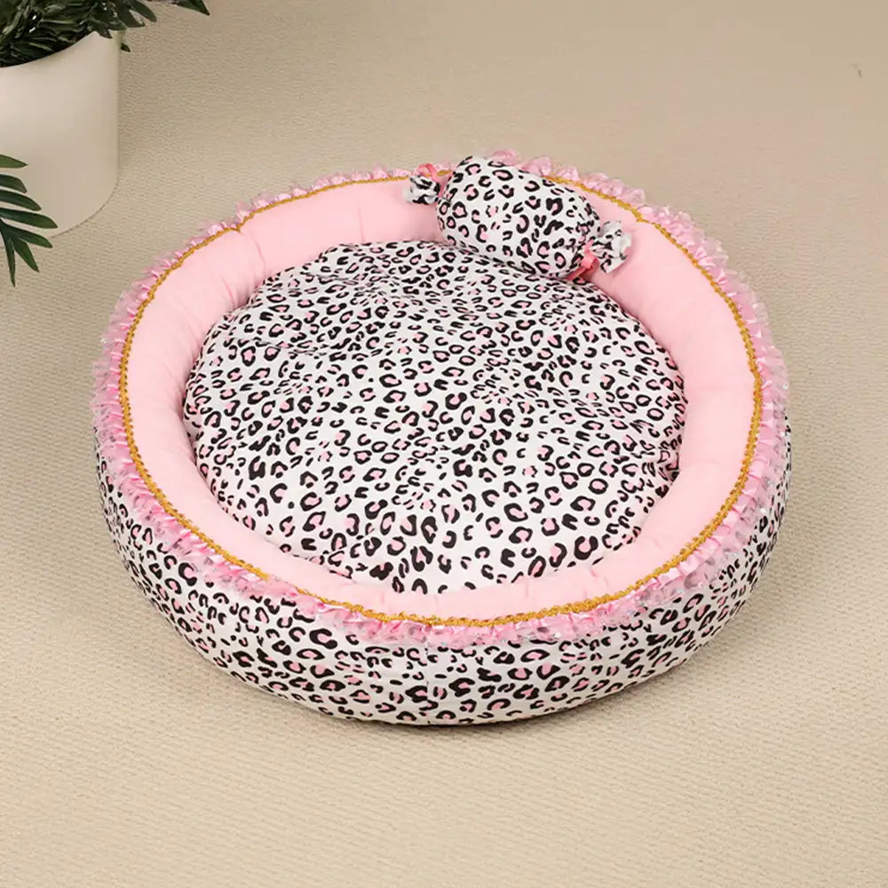 Washable Pink Leopard Print All-Season Pet Bed for Cats and Dogs