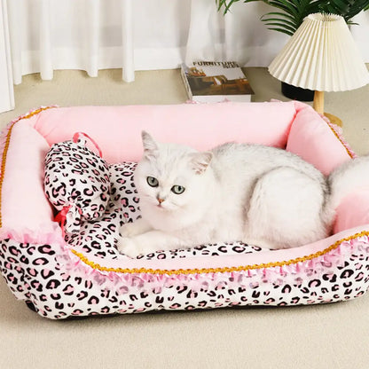 Washable Pink Leopard Print All-Season Pet Bed for Cats and Dogs