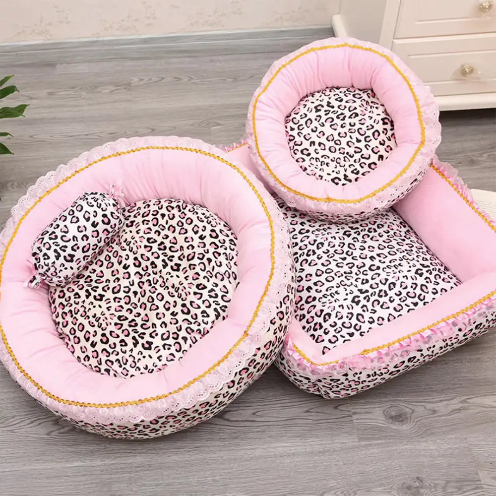 Washable Pink Leopard Print All-Season Pet Bed for Cats and Dogs