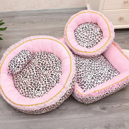 Washable Pink Leopard Print All-Season Pet Bed for Cats and Dogs