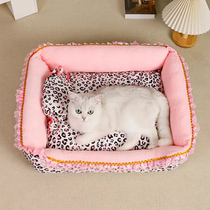 Washable Pink Leopard Print All-Season Pet Bed for Cats and Dogs