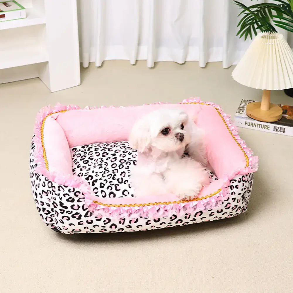 Washable Pink Leopard Print All-Season Pet Bed for Cats and Dogs