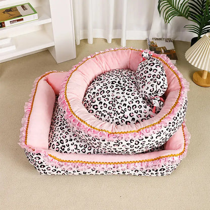 Washable Pink Leopard Print All-Season Pet Bed for Cats and Dogs