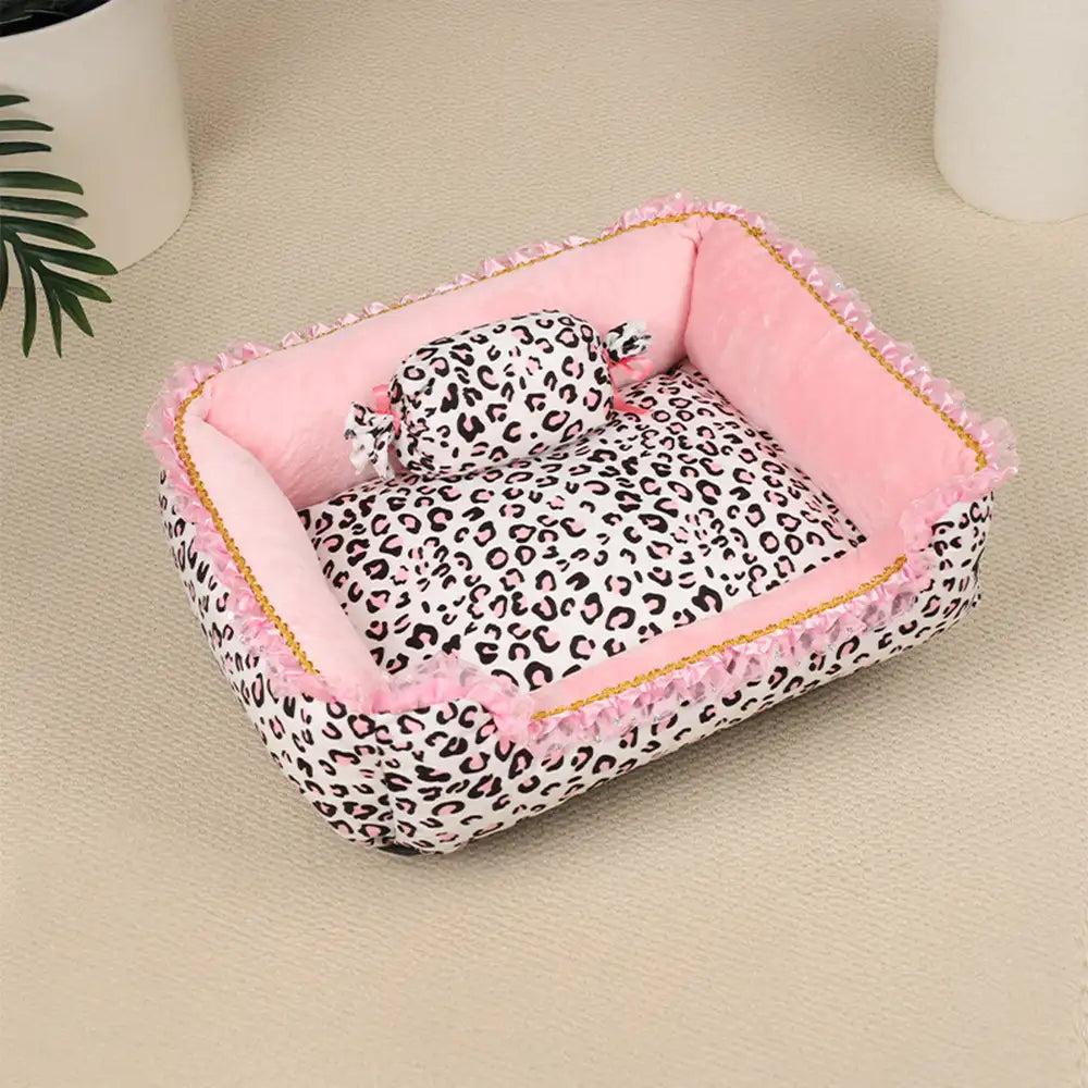 Washable Pink Leopard Print All-Season Pet Bed for Cats and Dogs