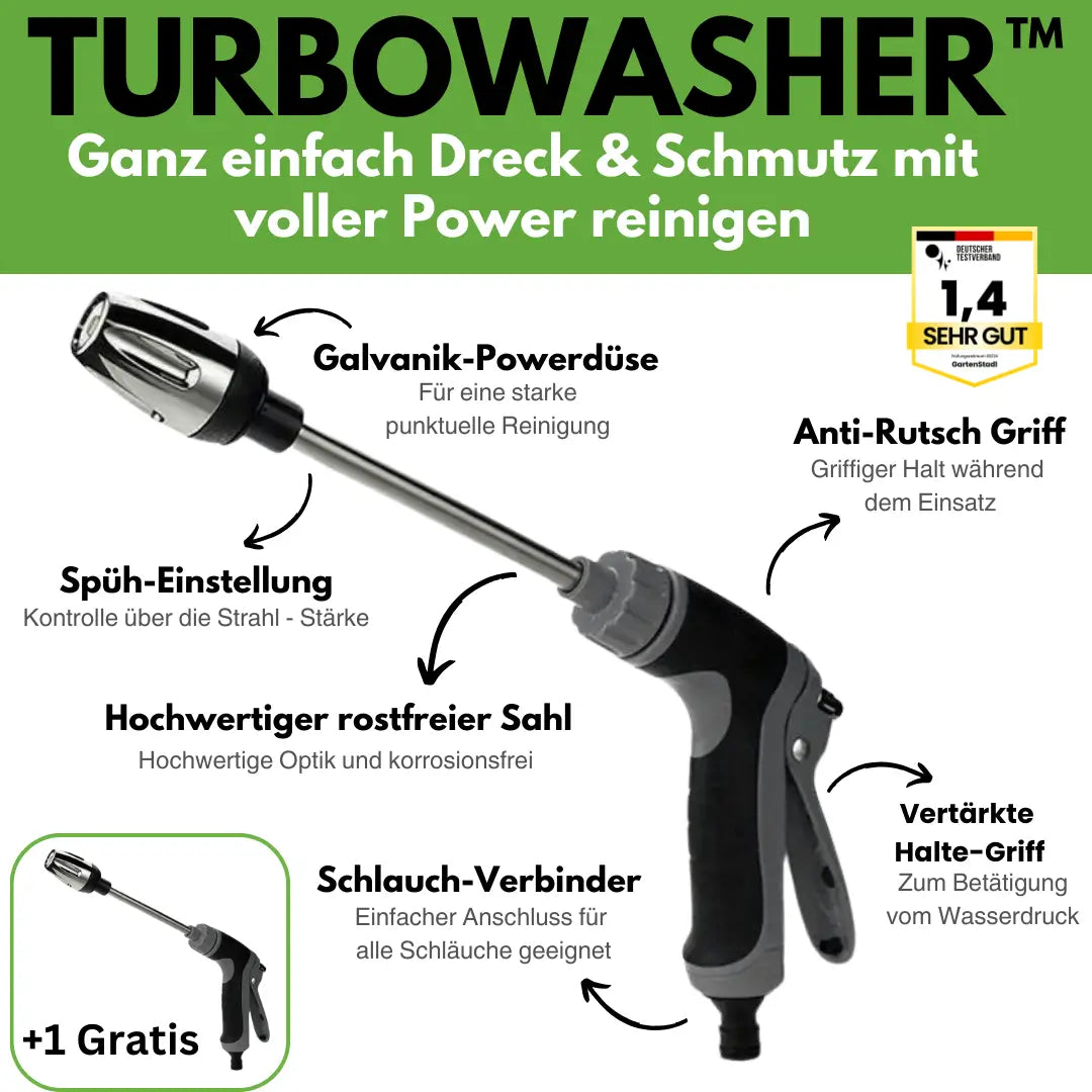 Turbowasher - Leistungsstarker Hochdruckreiniger für jeden Gartenschlauch - Sonderangebot 1+1 Gratis
