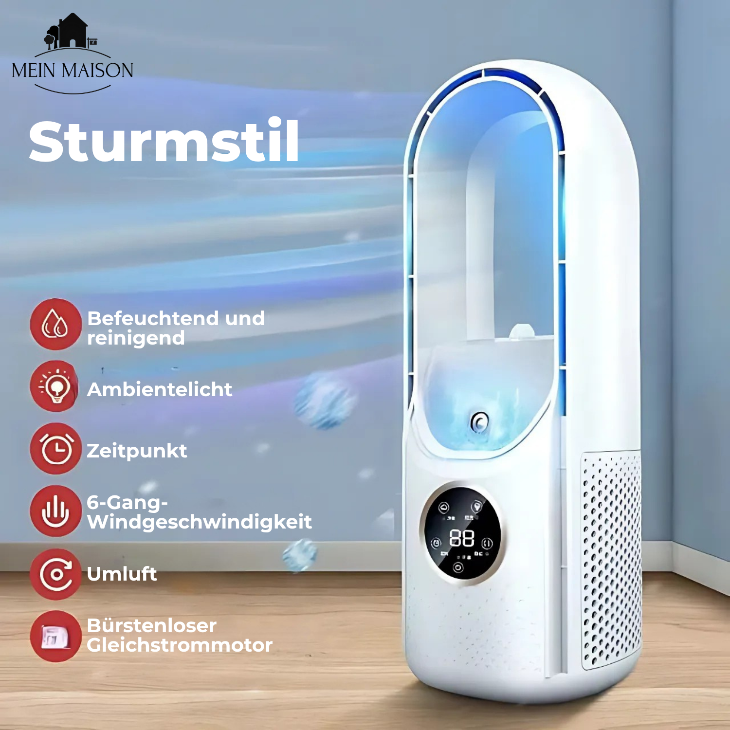 Airevo Luftkühler | Bladeless USB Ventilator | 6 Geschwindigkeiten | Leise & Mit Timer | Luftbefeuchtung