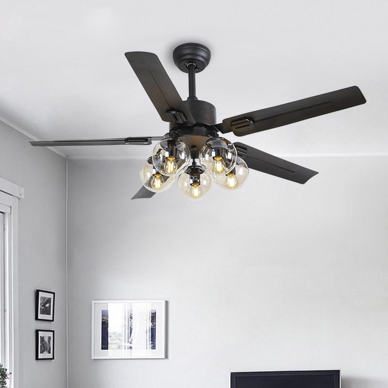 Ventilateur de plafond moderne en verre | Cadre en métal noir avec abat-jour transparents