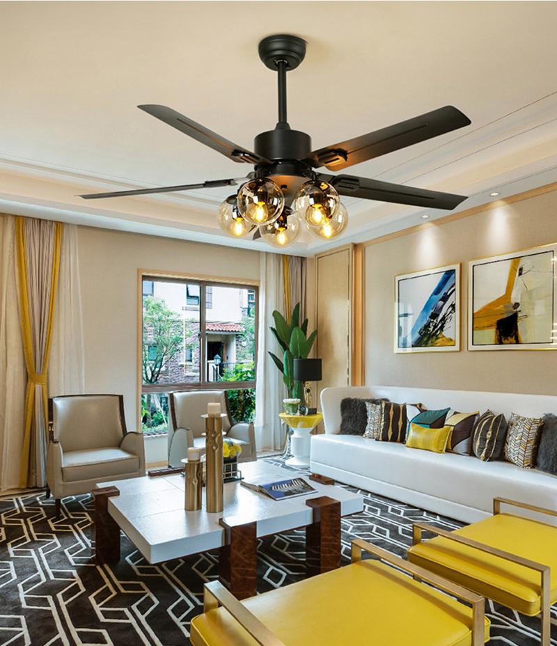 Ventilateur de plafond moderne en verre | Cadre en métal noir avec abat-jour transparents