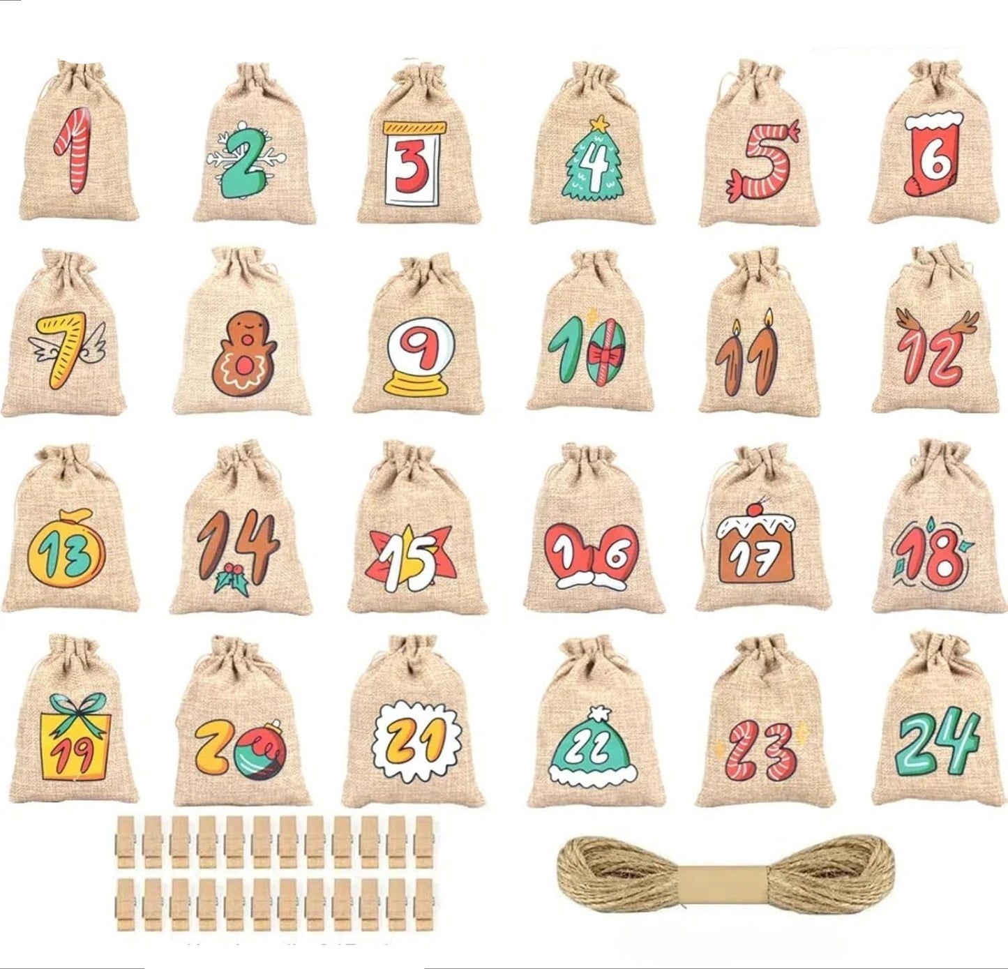 24 Jute Advent Calendar Bags with Clips | Christmas Countdown Gift Set