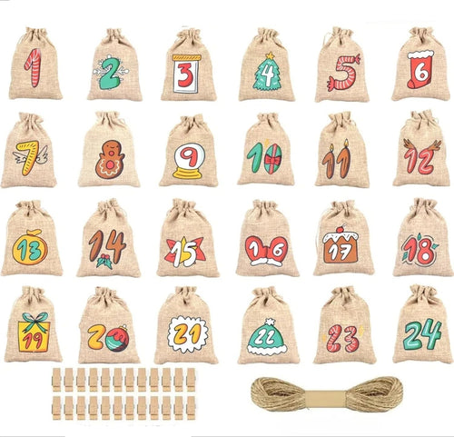 24 Jute Advent Calendar Bags with Clips | Christmas Countdown Gift Set