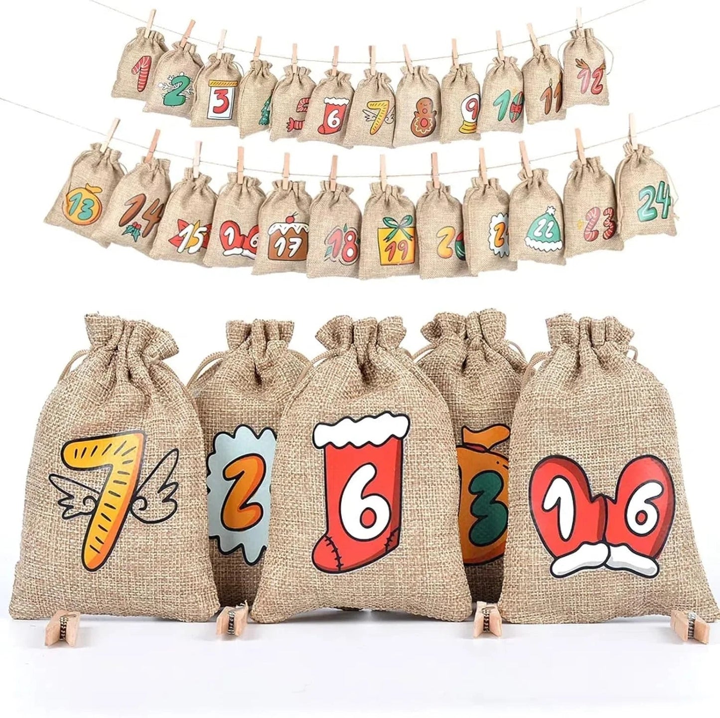 24 Jute Advent Calendar Bags with Clips | Christmas Countdown Gift Set