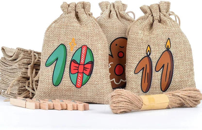 24 Jute Advent Calendar Bags with Clips | Christmas Countdown Gift Set
