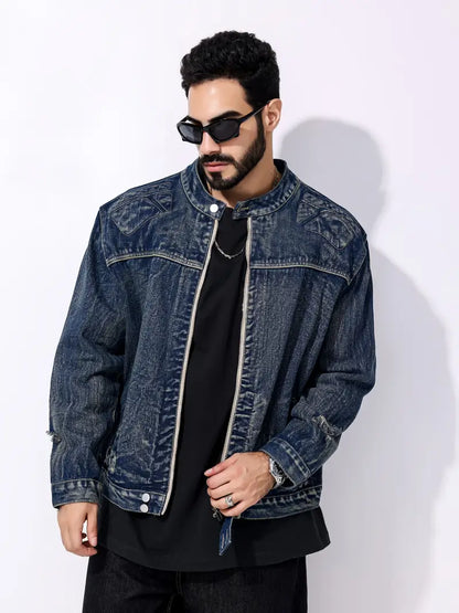Denimjacke - Herren Dunkelblaue Zip-Up Jeansjacke