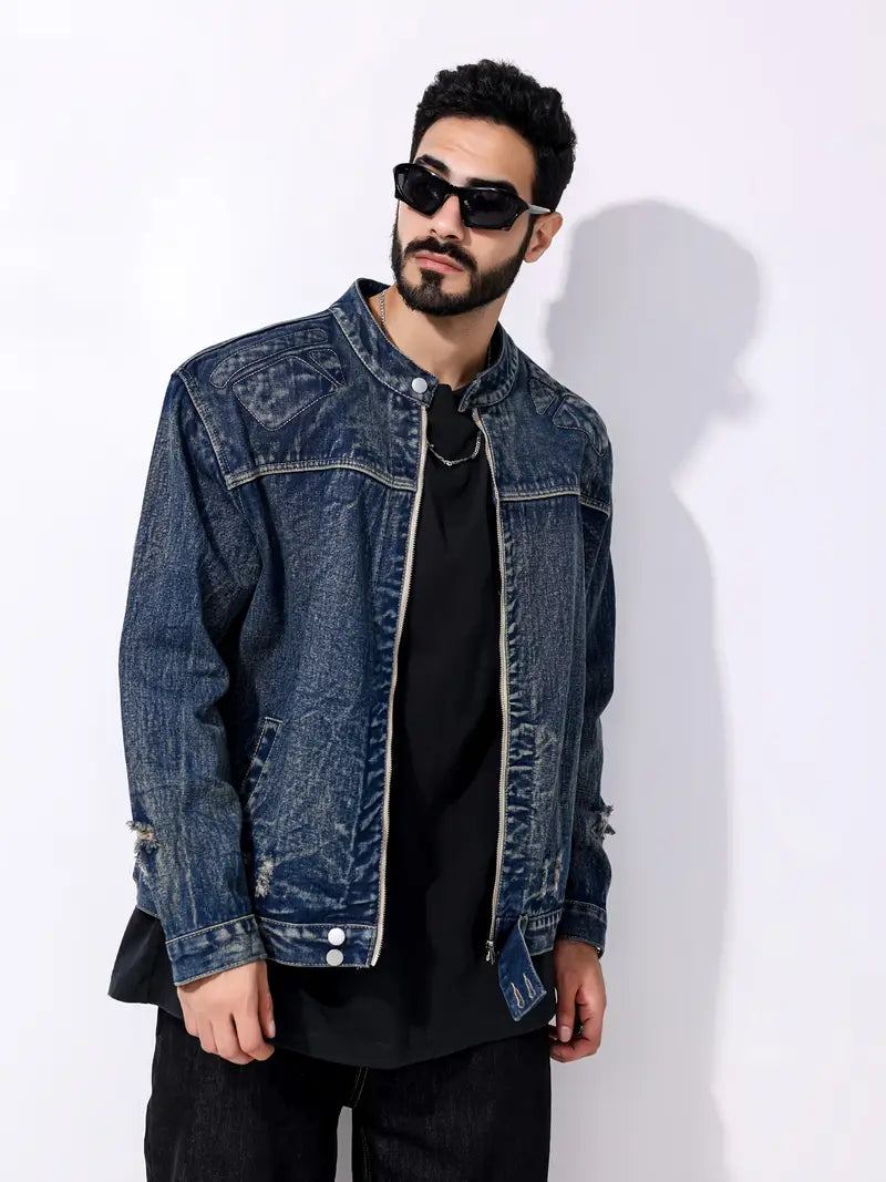 Denimjacke - Herren Dunkelblaue Zip-Up Jeansjacke
