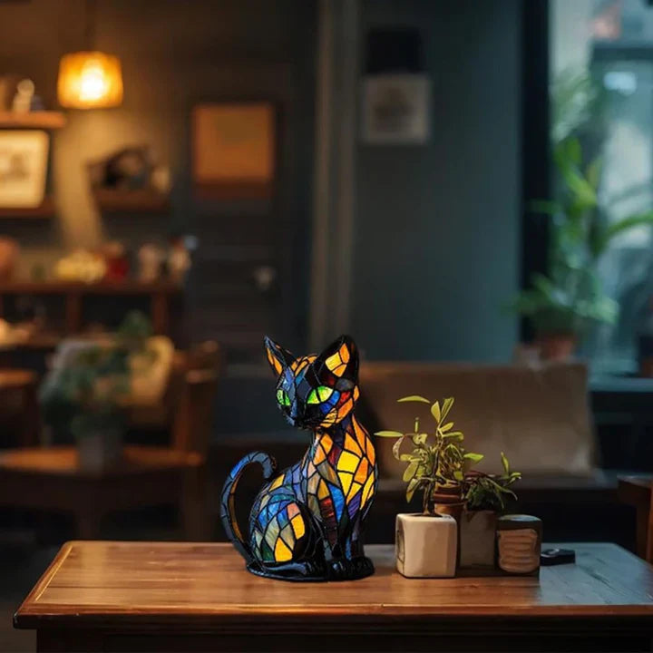 Lampe de chevet chat en vitrail pour la décoration intérieure et un éclairage chaleureux