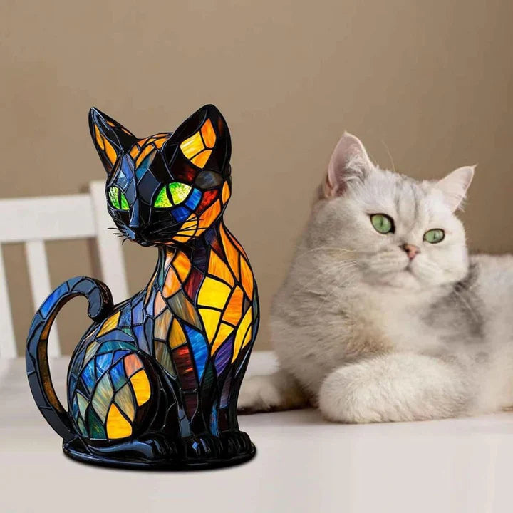 Lampe de chevet chat en vitrail pour la décoration intérieure et un éclairage chaleureux