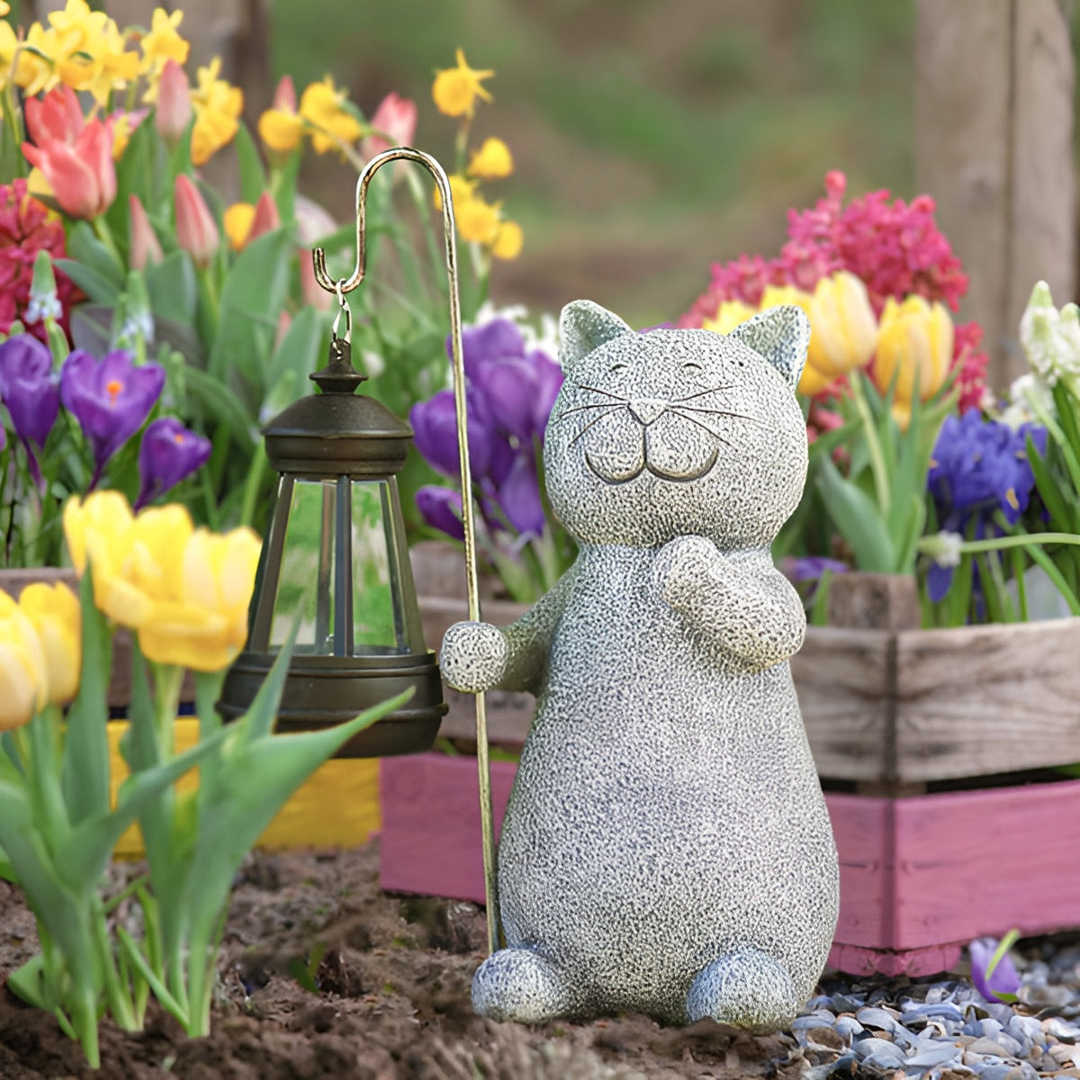 Statue de chat solaire pour jardin | Décoration extérieure peinte à la main pour jardin