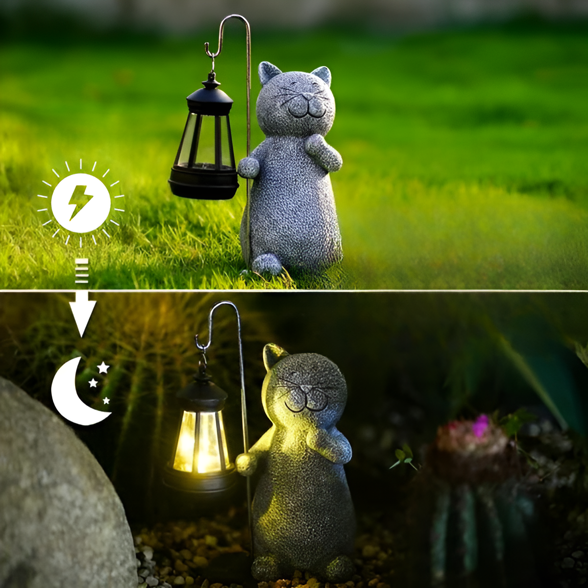 Statue de chat solaire pour jardin | Décoration extérieure peinte à la main pour jardin