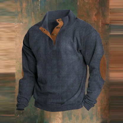 Winter Pullover - Herren warmer Pullover mit Knopfleiste und Ellenbogenpatches
