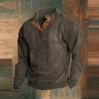 Winter Pullover - Herren warmer Pullover mit Knopfleiste und Ellenbogenpatches
