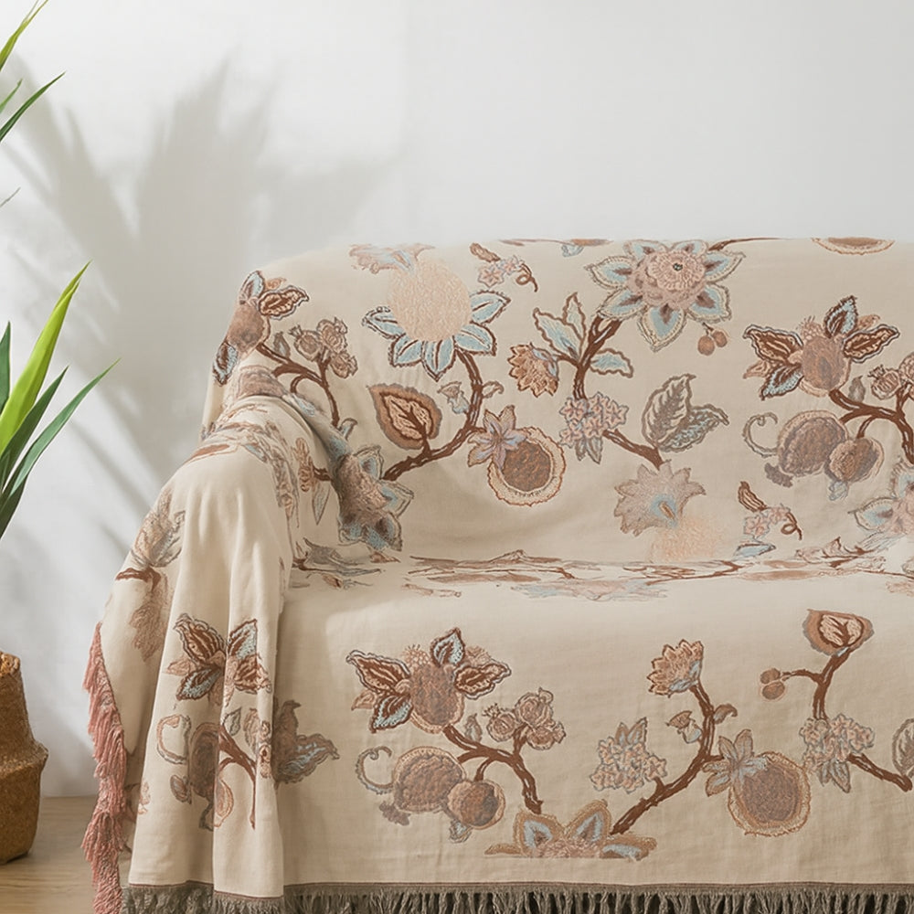 Couverture de lit en coton à motif floral et pompons - Motif Orchid Trail