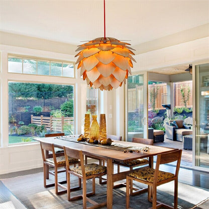 Suspension rustique en forme de pomme de pin | Luminaire à abat-jour en bois superposé