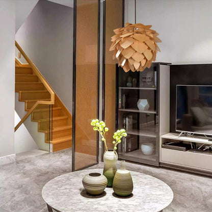 Suspension rustique en forme de pomme de pin | Luminaire à abat-jour en bois superposé