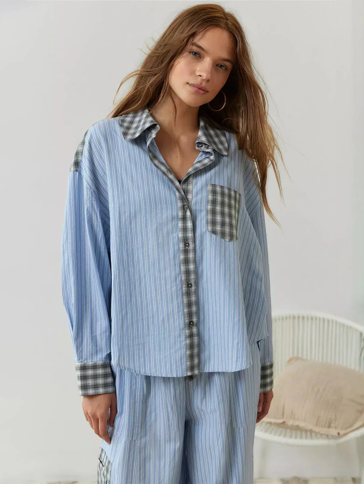 Damen 2-teiliger Pyjama-Set mit langärmligem Knopfhemd und Hose