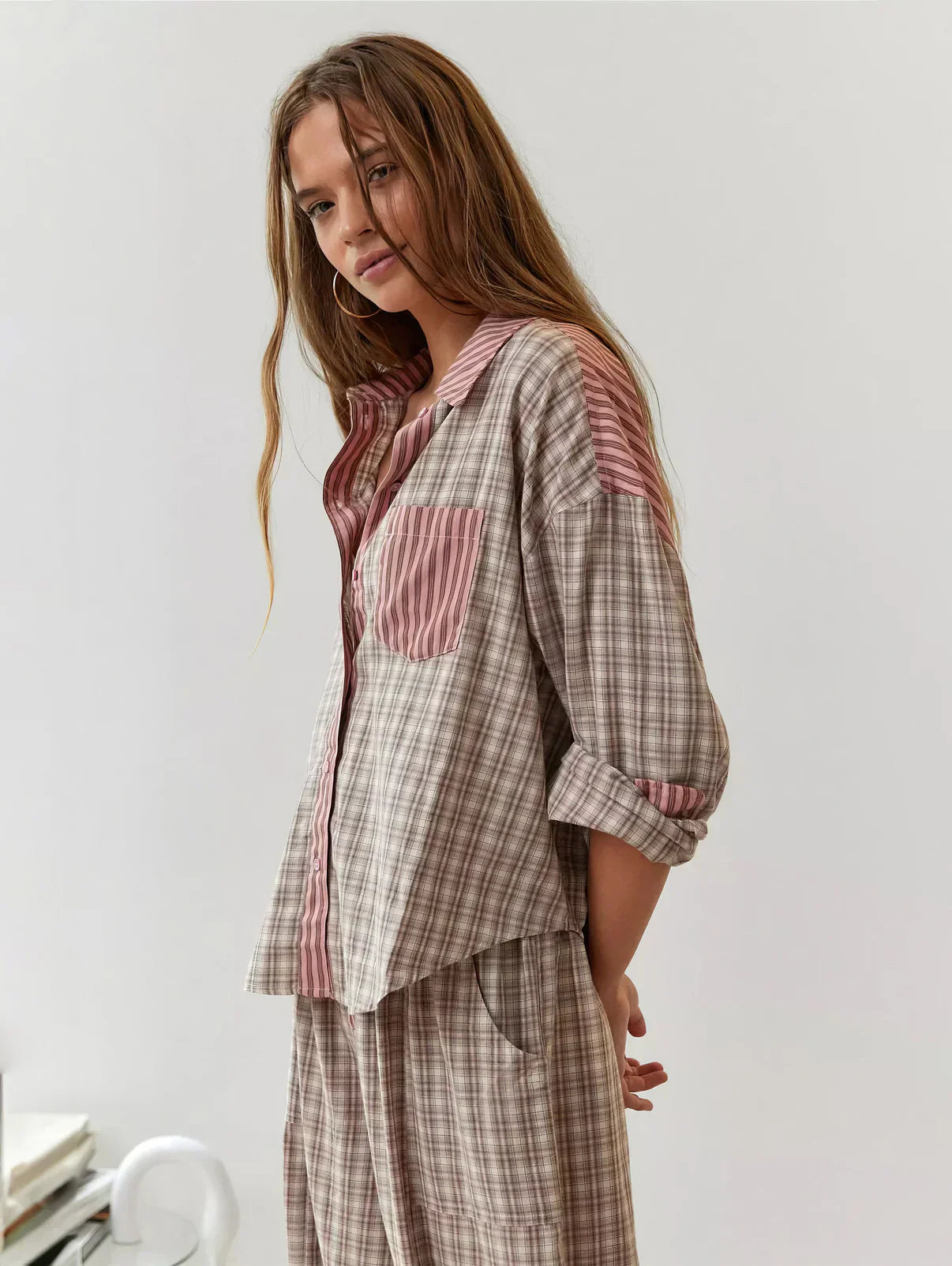Damen 2-teiliger Pyjama-Set mit langärmligem Knopfhemd und Hose