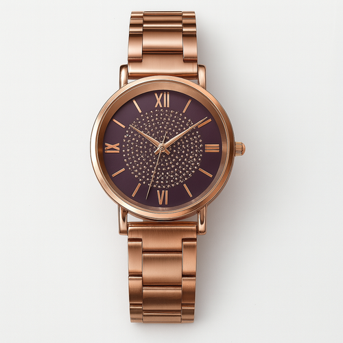Montre pour femme à cadran violet et boîtier en or rose orné de cristaux