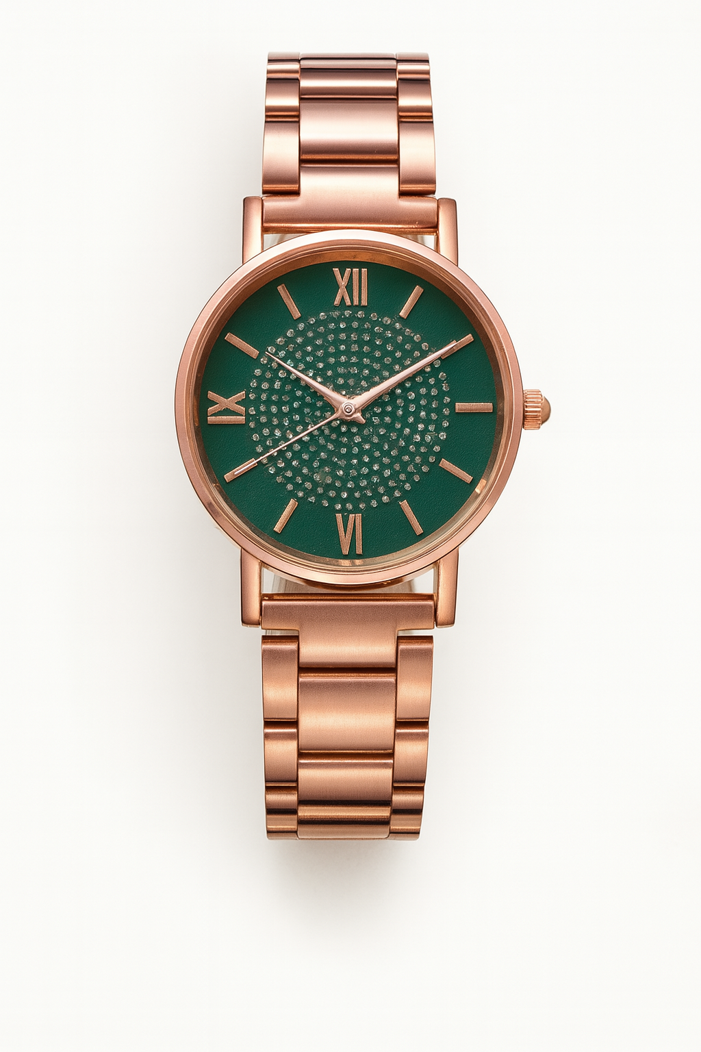 Montre pour femme à cadran violet et boîtier en or rose orné de cristaux