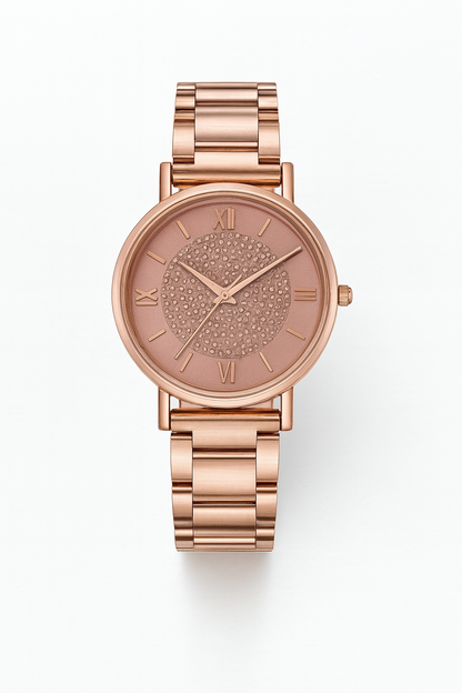 Montre pour femme à cadran violet et boîtier en or rose orné de cristaux